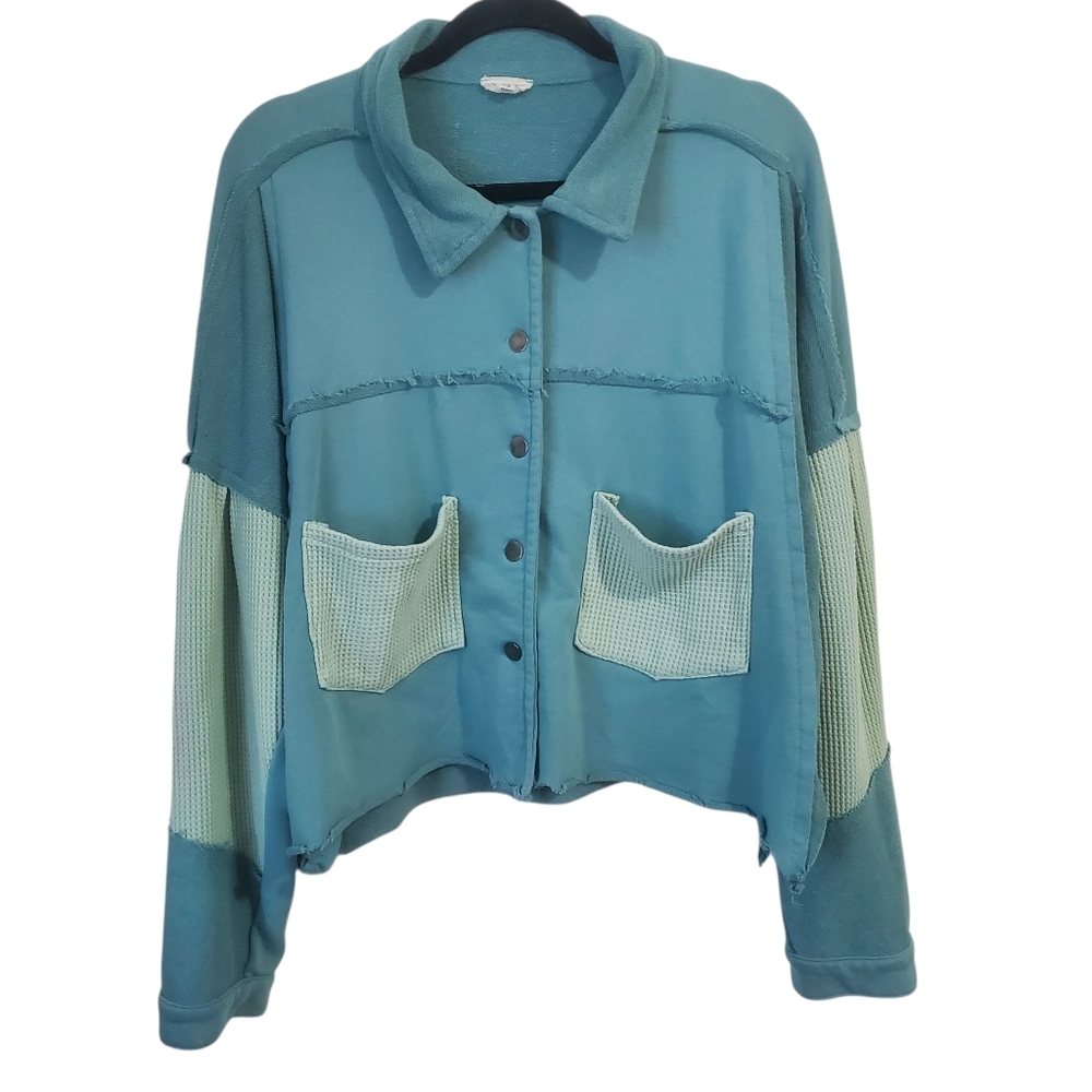 Pol Boho Patchwork Button Down Top Jacket Green T… - image 3